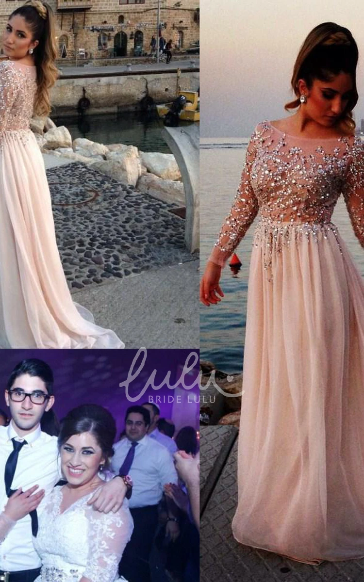 Chiffon Long Sleeve Prom Dress with Beadings and Flowy Skirt