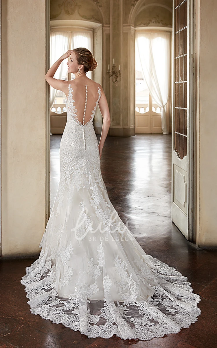 Mermaid Lace Wedding Dress with Scoop-Neck and Applique
