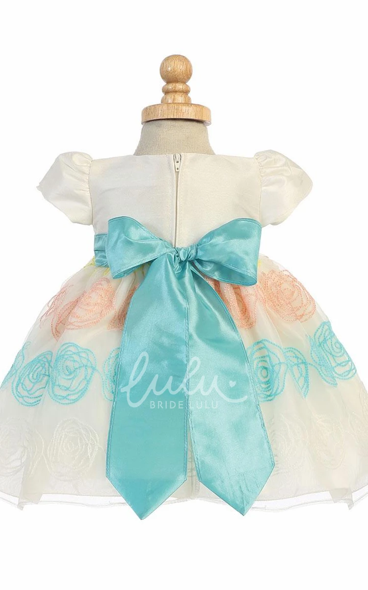 Floral Organza & Taffeta Flower Girl Dress with Embroidery and Ribbon Tea-Length