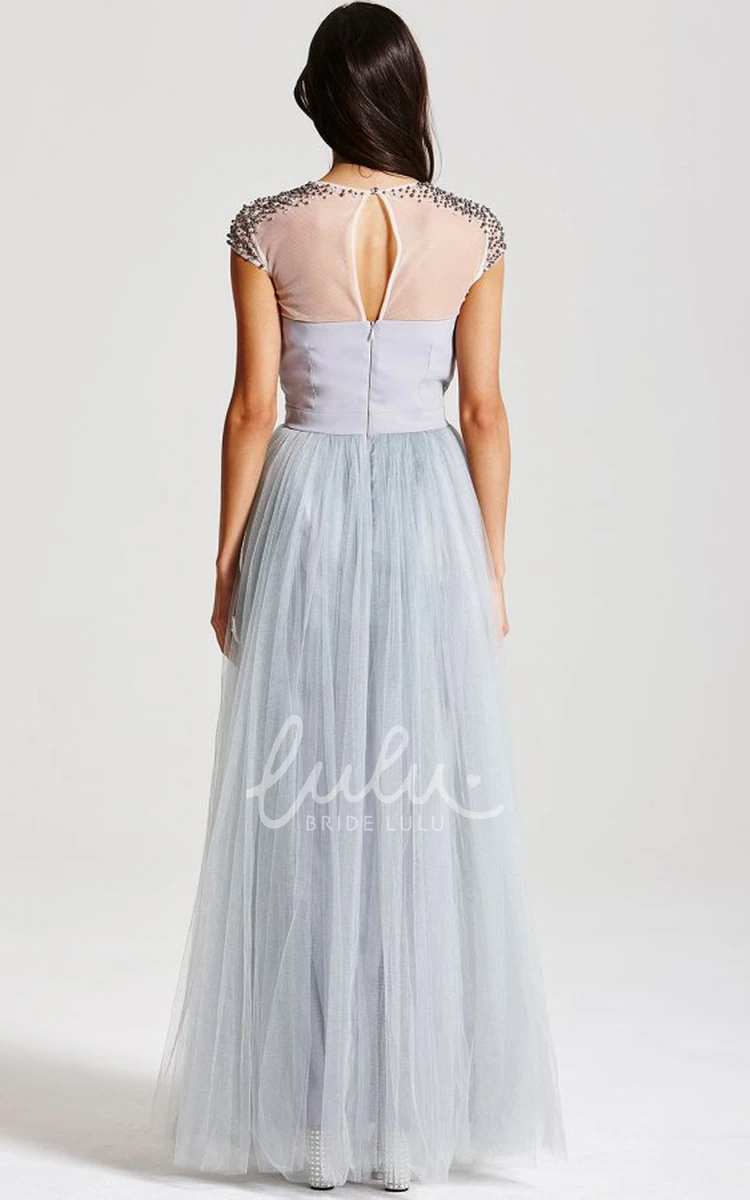 Cap Sleeve Tulle Bridesmaid Dress with Bow and Keyhole Elegant Criss-Cross Scoop Neck