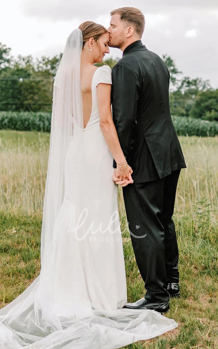 Queen Anne Neck Gorgeous Cap Sleeve Satin Deep V-Back Solid Garden Wedding Dress