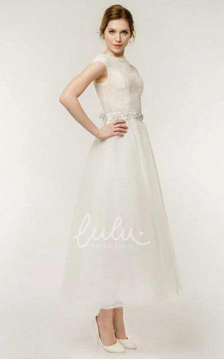 Cap Sleeve Tea-Length Lace Tulle A-Line Wedding Dress