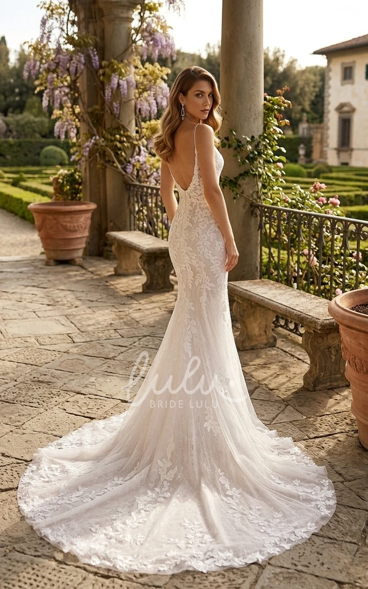 Mermaid Lace Boho Wedding Dress Beach Sleeveless V-Neck Spaghetti Bridal Gown