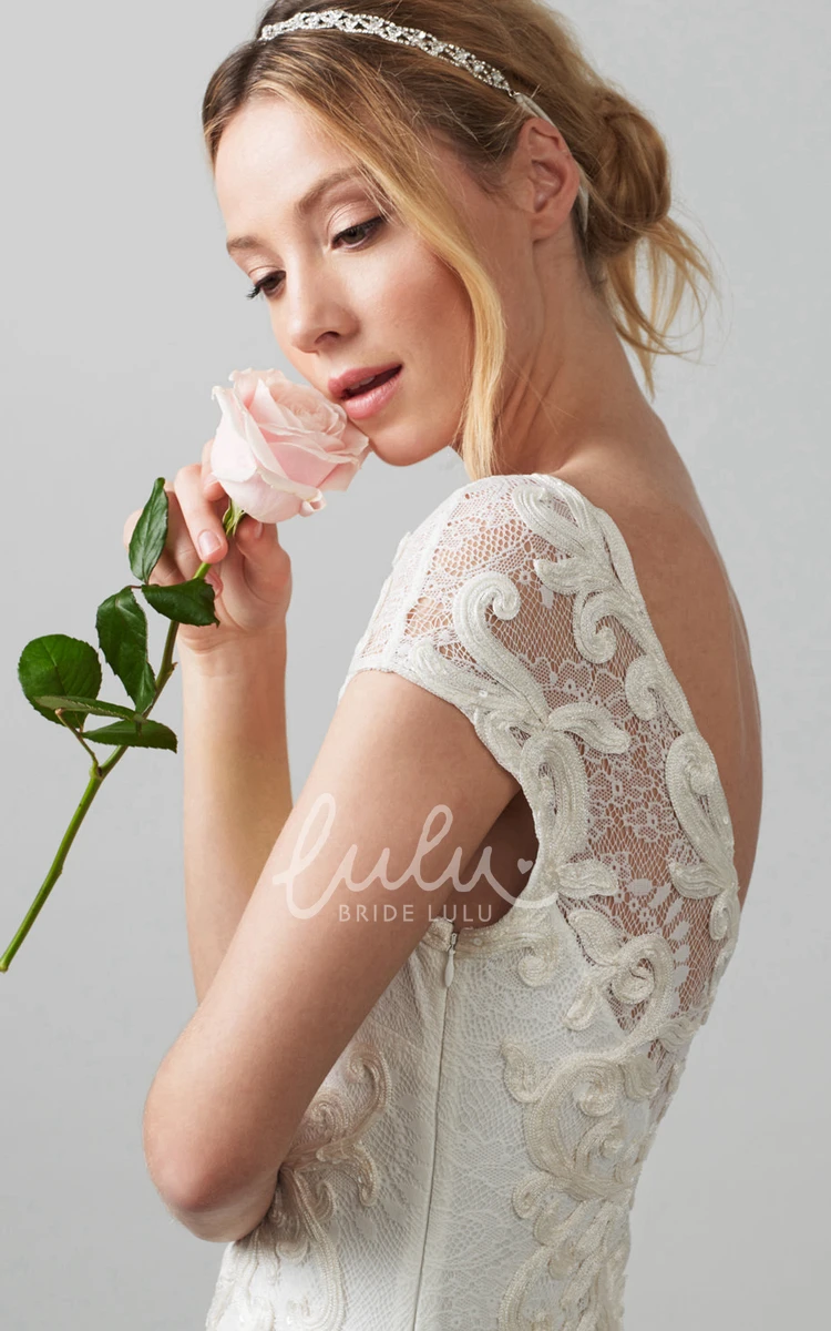 Embroidered Lace Wedding Dress Sheath Cap-Sleeve V-Neck