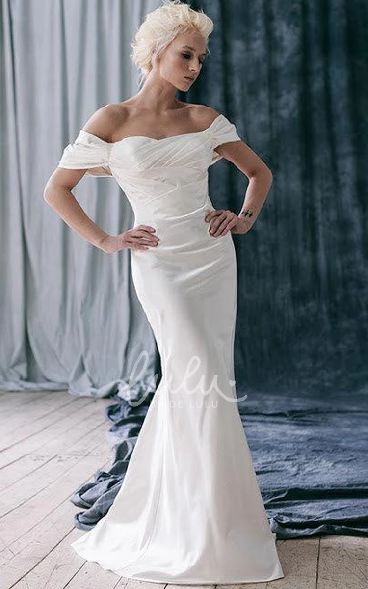 Satin Off-Shoulder Fit and Flare Wedding Dress Ruffles