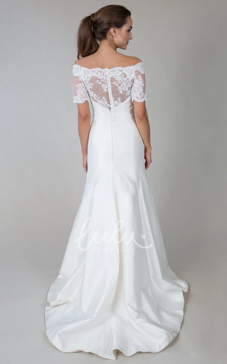 Short-Sleeve Off-The-Shoulder Satin&Lace Wedding Dress With Illusion Off-Shoulder Satin & Lace Short-Sleeve Wedding Dress