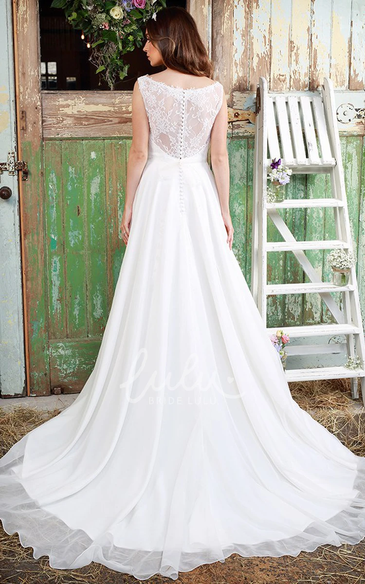Sleeveless Chiffon Sheath Wedding Dress with Appliques and Illusion Elegant Bridal Gown