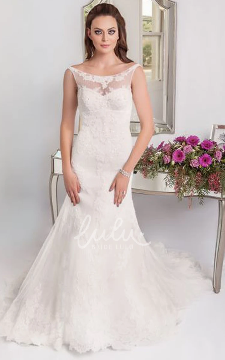 Sleeveless Lace Wedding Dress with Appliques Scoop Neckline and Long Flowy Skirt