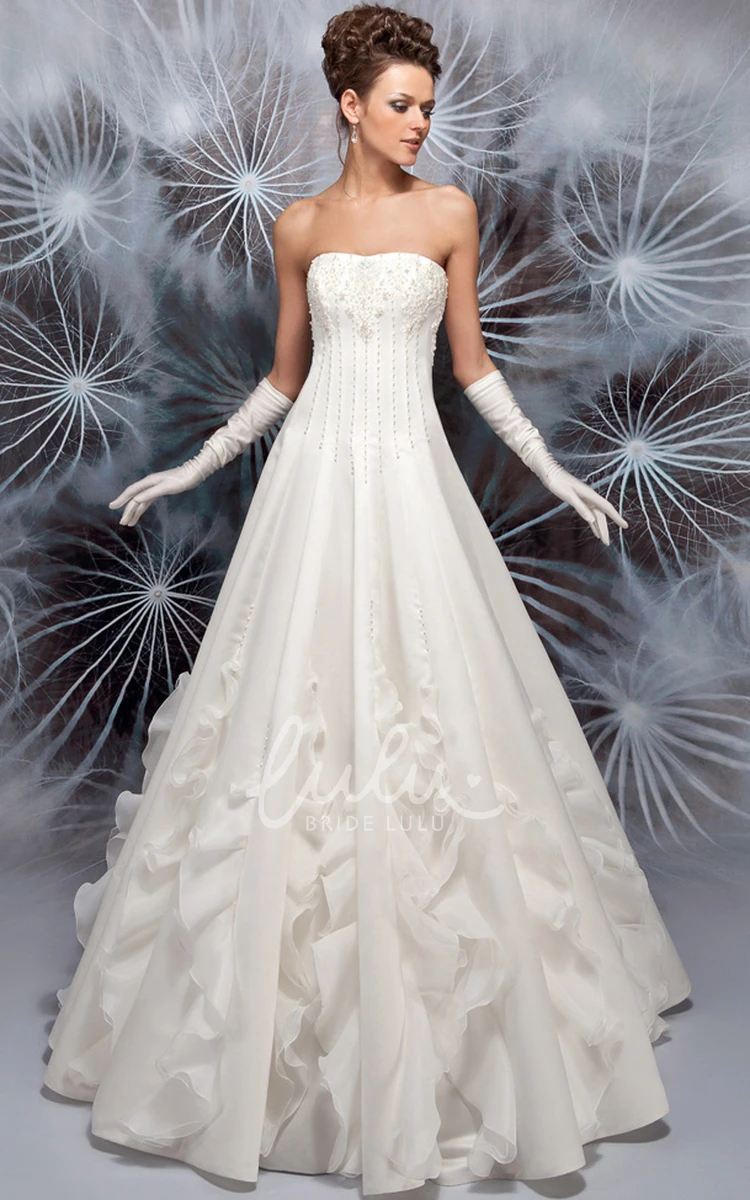 Strapless Satin A-Line Wedding Dress with Beading and Ruffles Flowy Bridal Gown