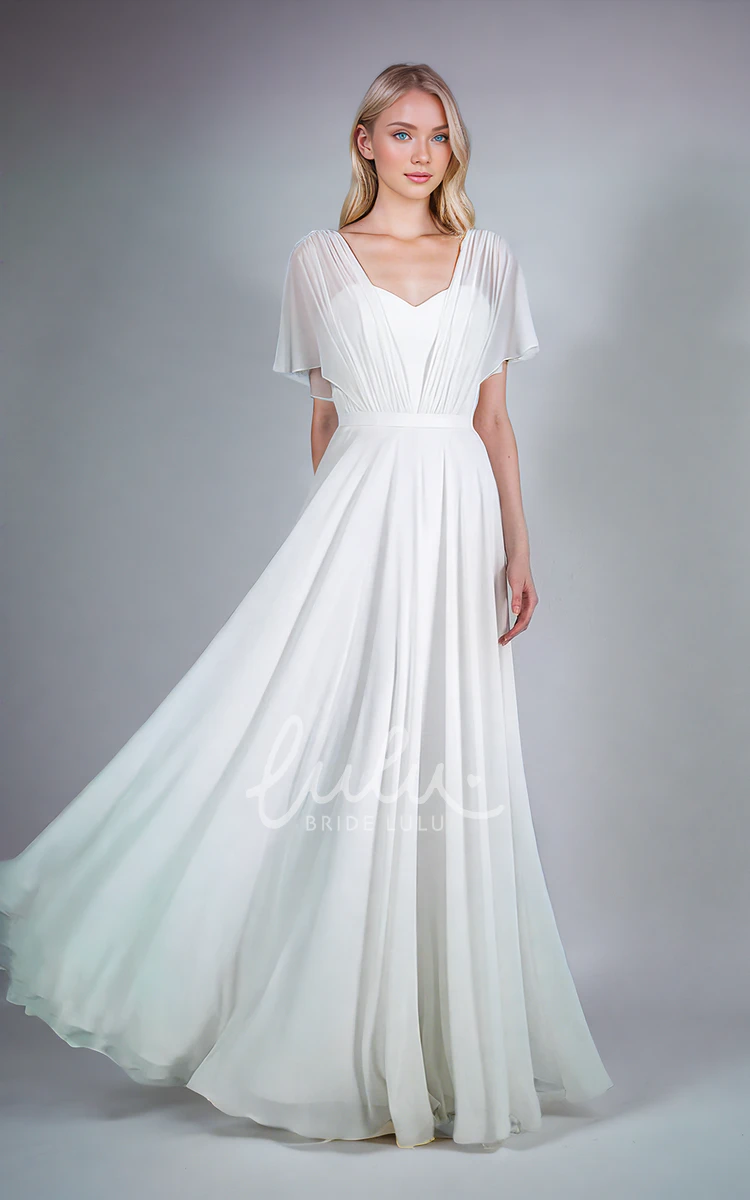 A-Line Corset Back Sweetheart Neck Simple Elegant Floor-length Short Sleeve Pleats Wedding Dress with Sash