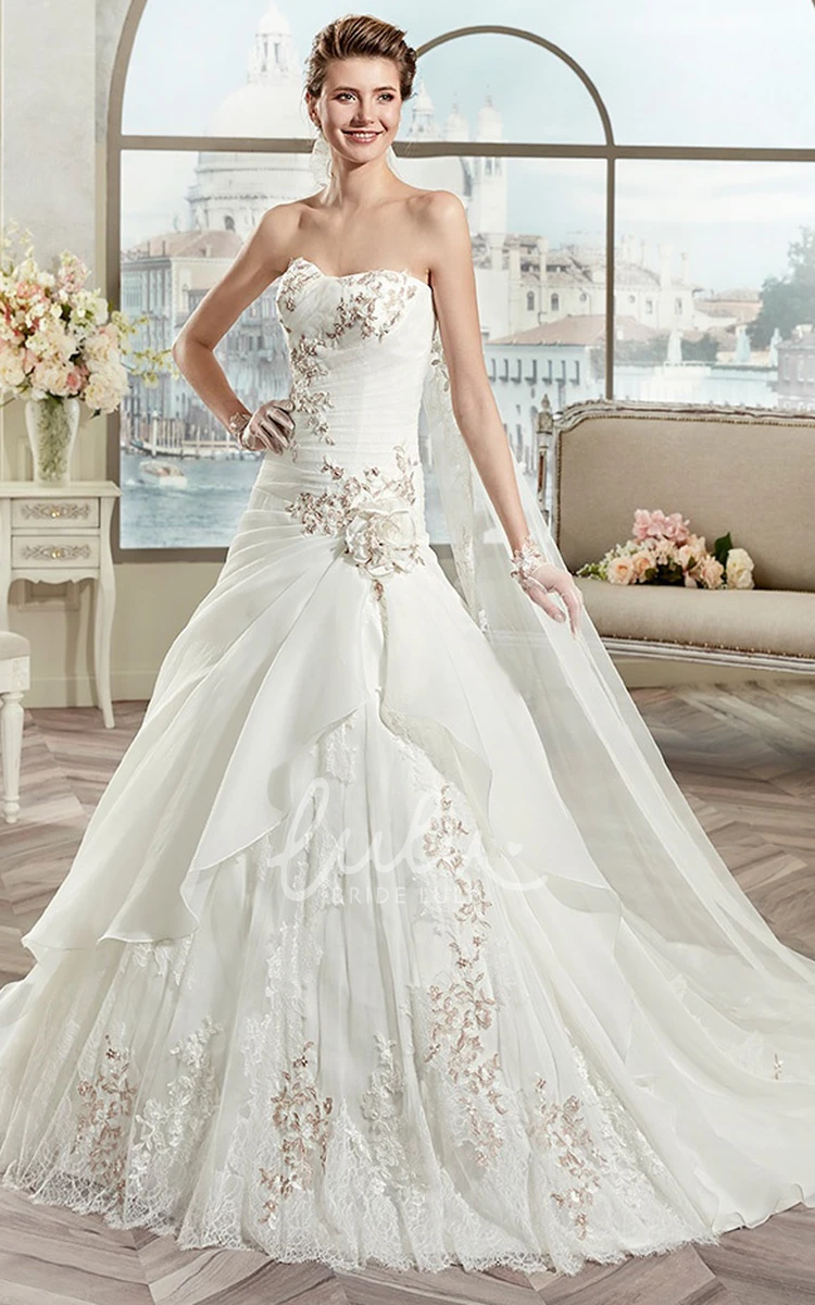 Strapless Ruffle Wedding Dress with Fine Appliques and Lace-Up Back Unique Style