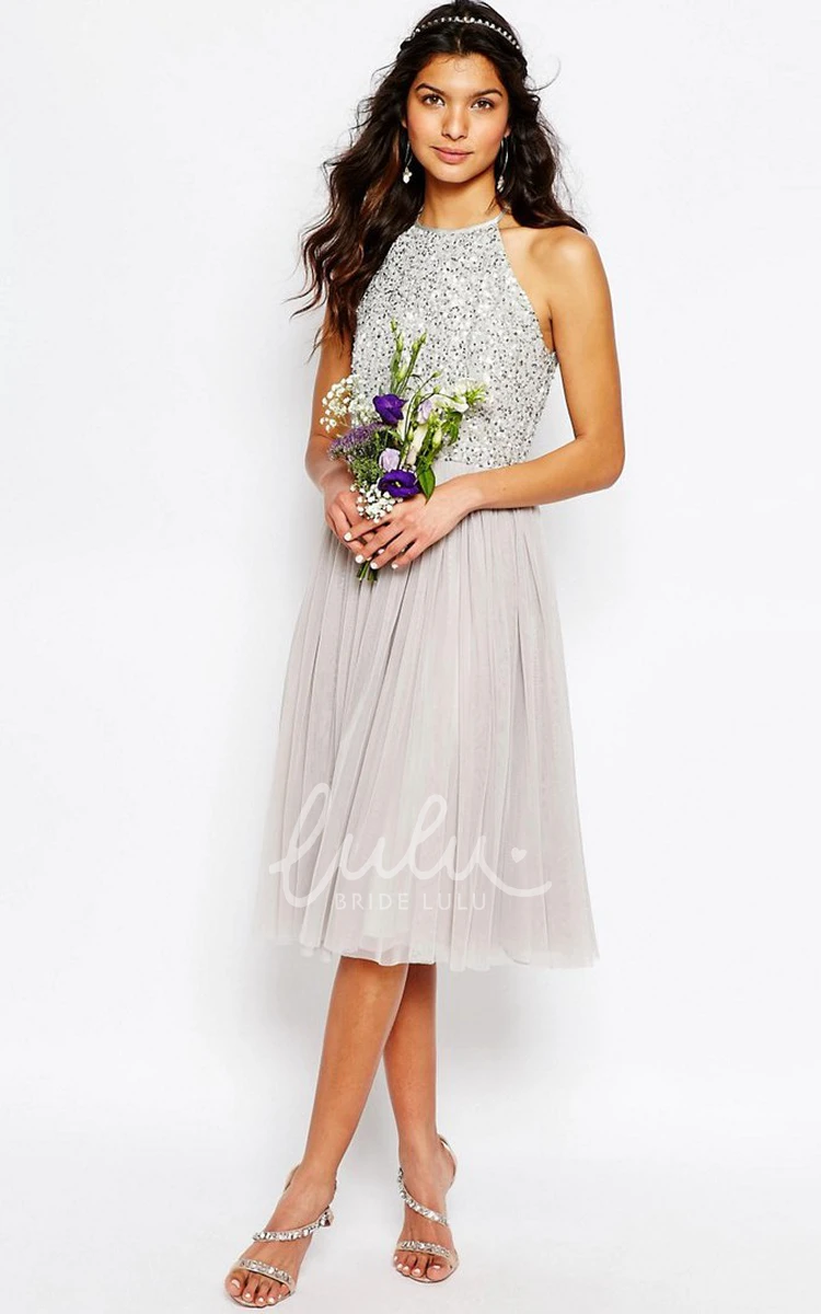 Sequined A-Line Tulle Bridesmaid Dress with Pleats Tea-Length Sleeveless