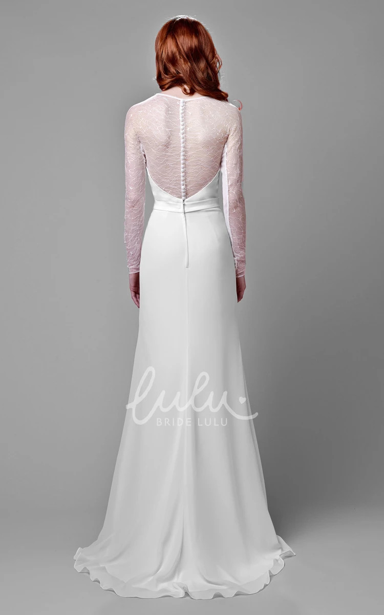 Long Sleeve Lace and Chiffon Wedding Dress with Illusion Back Pearls Embellished Bridal Gown