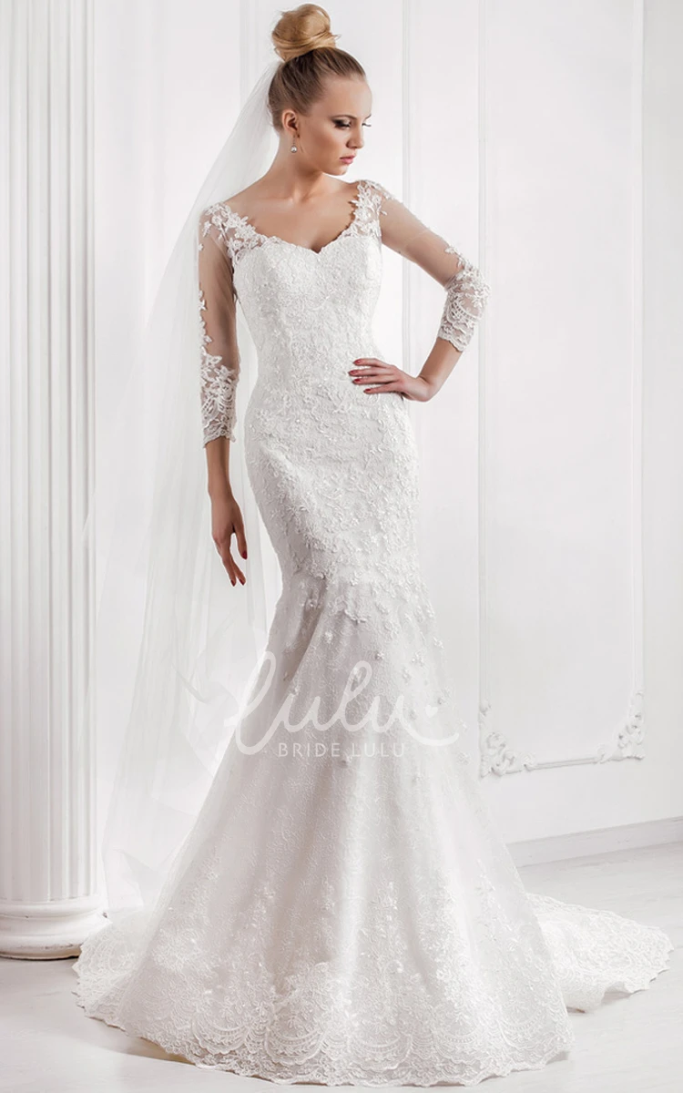 V-Neck Lace Wedding Dress with Court Train and 3/4 Sleeves Mermaid Bridal Gown