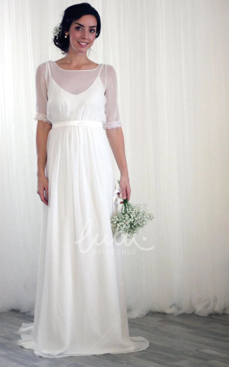 Chiffon Long Wedding Dress with Half Sleeves Vintage Inspired