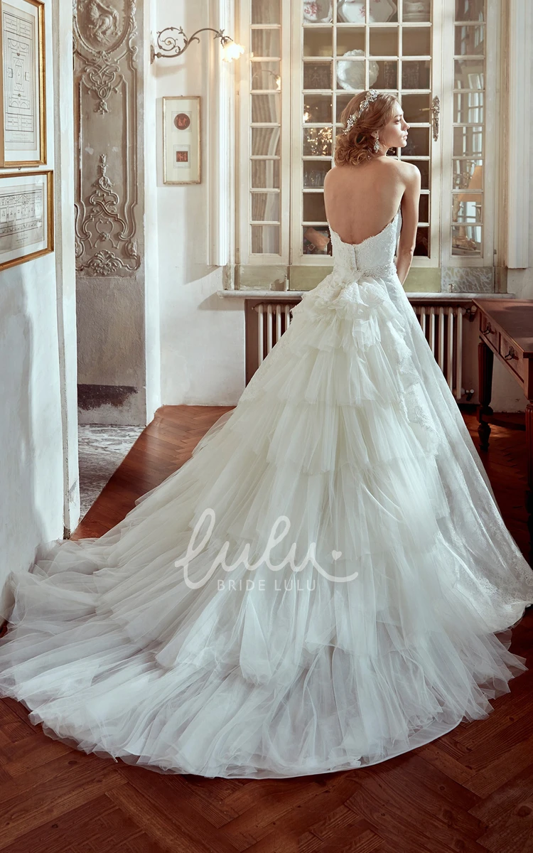 A-Line Wedding Dress with Multi-Tier Train and Beaded Belt Romantic Wedding Dress Unique