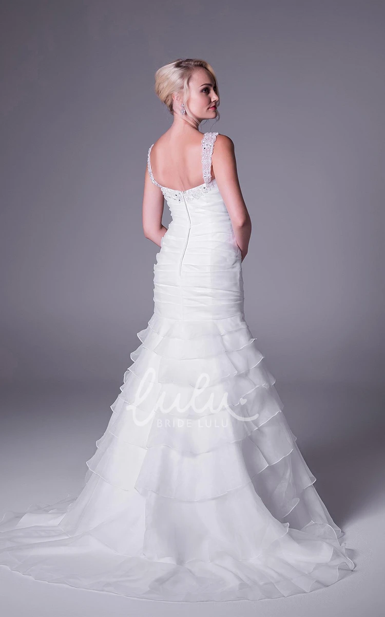 A-Line Organza Wedding Dress with Tiered Skirt and Beaded Details Sleeveless and Strapped