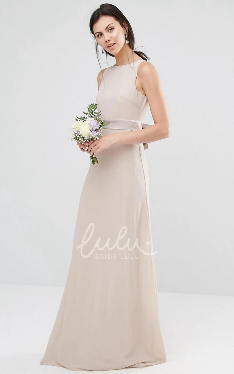 Jewel Neck Sleeveless Chiffon Bridesmaid Dress Floor-Length Sheath Bow