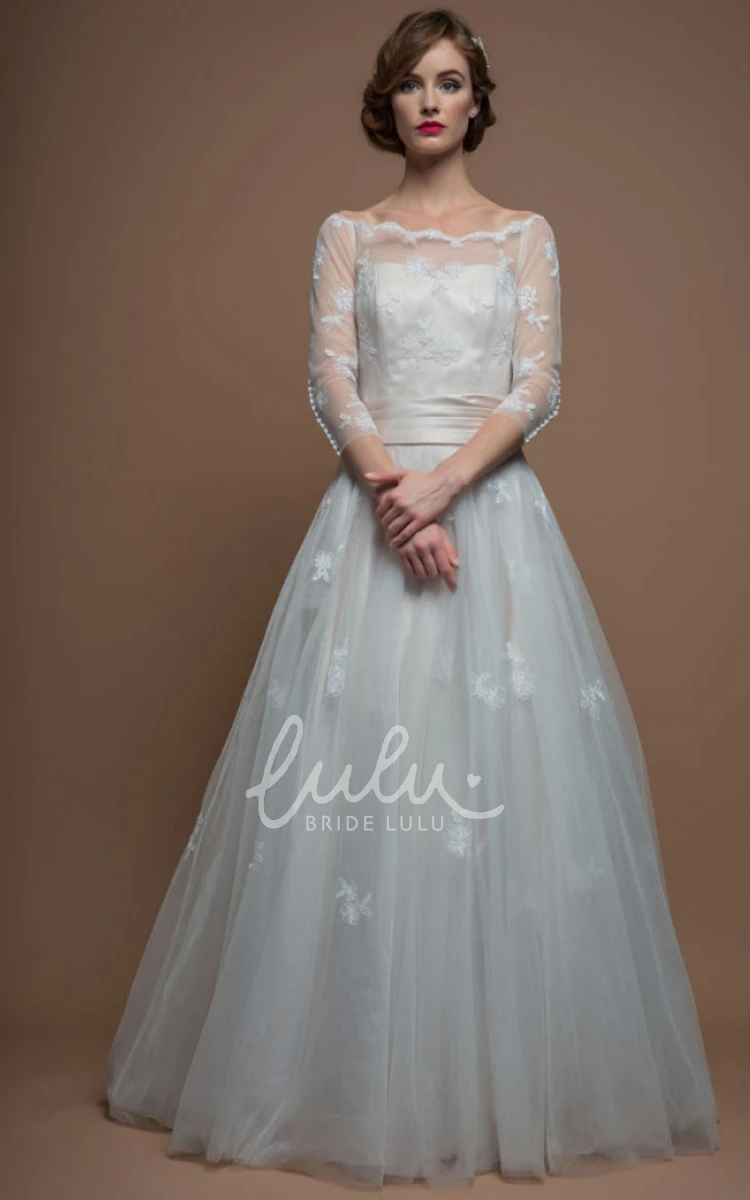 Bateau-Neck Tulle A-Line Wedding Dress with Appliques and 3-4 Sleeves