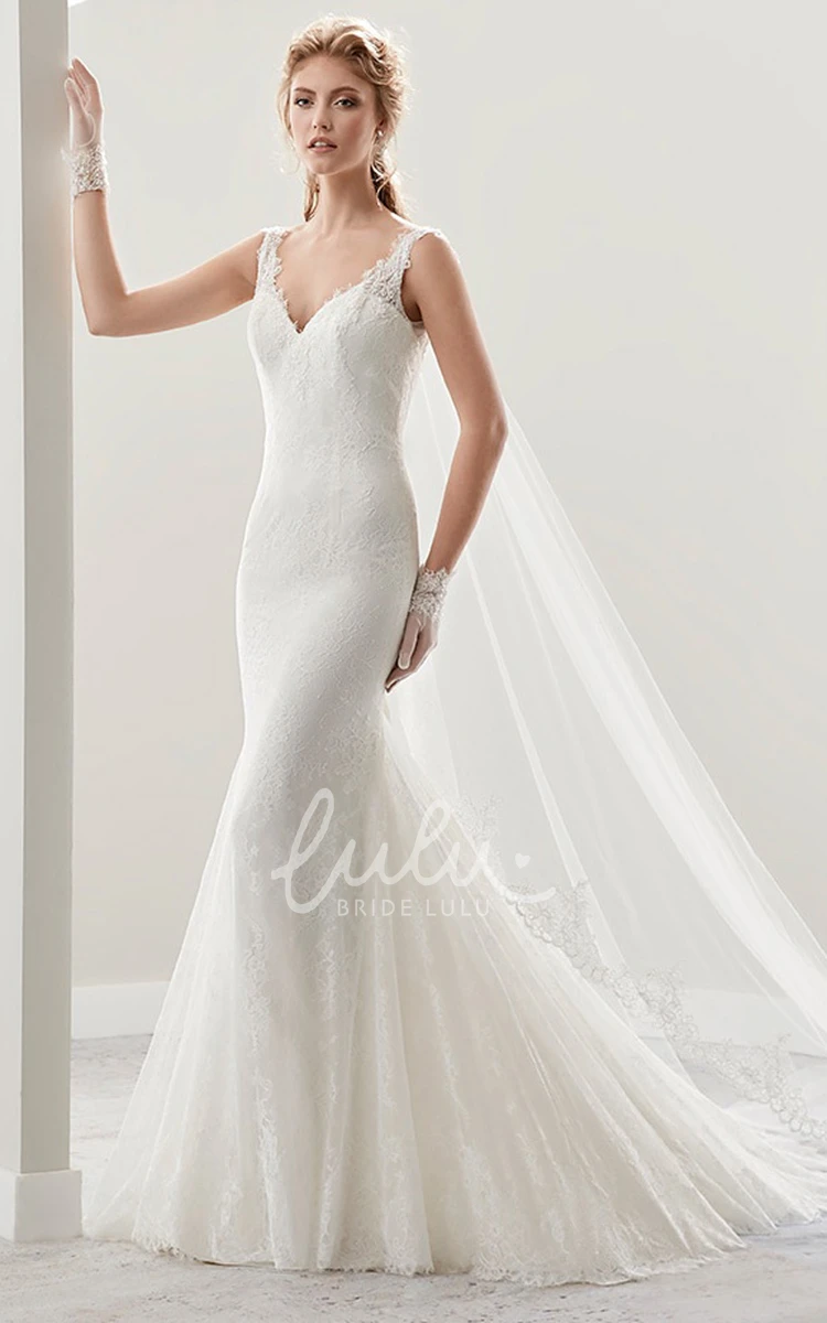 V-neck Sheath Wedding Dress with Open Back and Illusion Straps Modern Bridal Gown