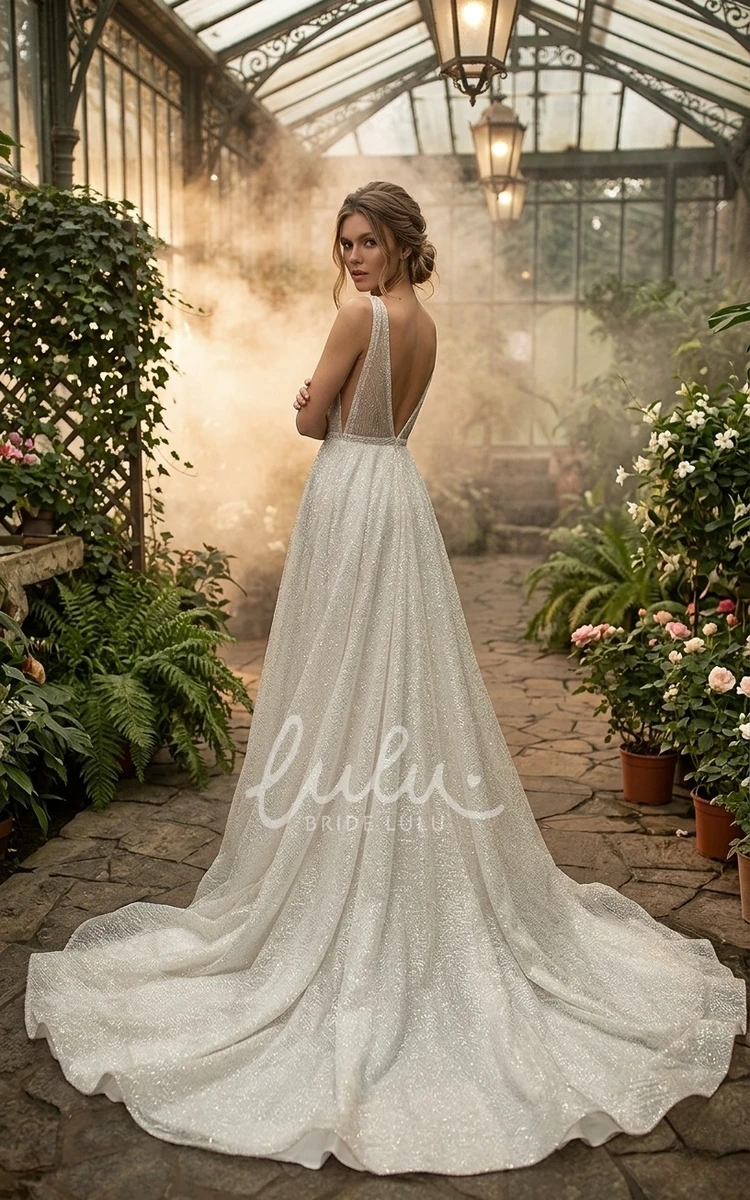 Beach A-Line Sparkly Wedding Dress Sleeveless Deep-V Neckline Informal Gown