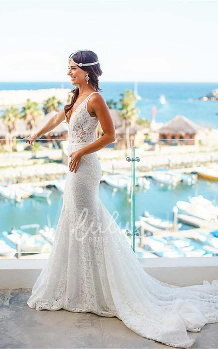 V-neck Lace Wedding Dress with Zipper Sheath Style