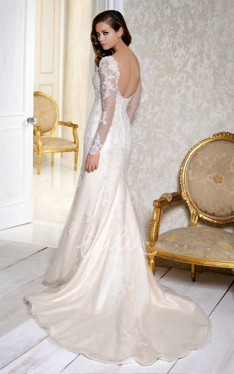 Long-Sleeve Satin & Tulle Wedding Dress with Applique Classic Bridal Gown