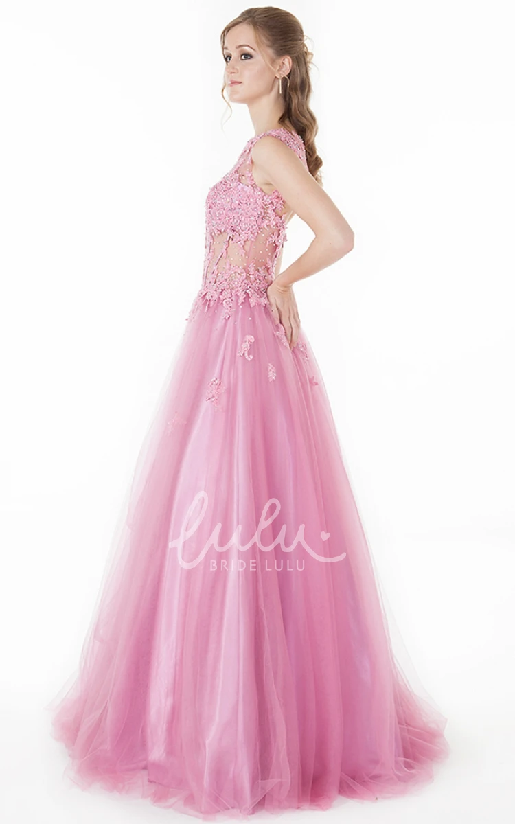 Appliqued Jewel-Neck A-Line Tulle&Satin Prom Dress Cap-Sleeve Floor-Length