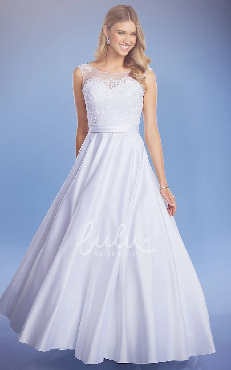 Bateau Lace Maxi Satin Wedding Dress with Broach Classic Wedding Dress