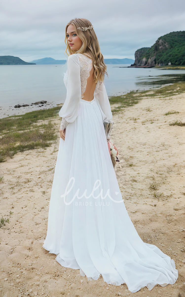 Beach Retro A-Line Boho Lace Cuff Wedding Dress Simple Modest Hippie Flowy Chiffon Split Front Backless Bridal Gown