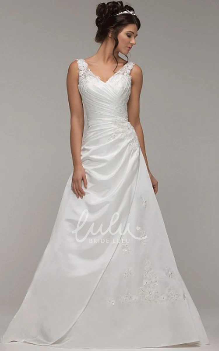 Side-Draped Satin Wedding Dress with V-Neck and Appliques Modern Bridal Gown