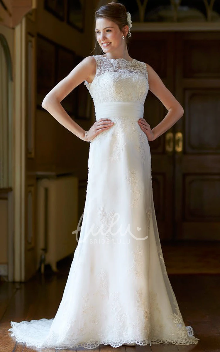 Maxi Lace A-Line Wedding Dress with Bateau Neckline Low-V Back and Sweep Train