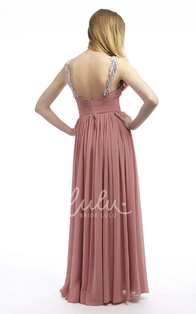 Long Chiffon Prom Dress with Pleats Beaded Sleeveless Strapped