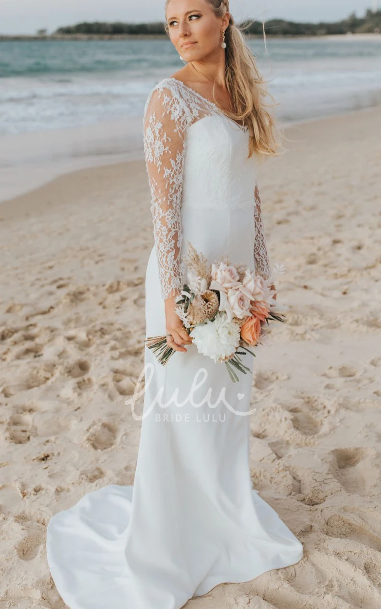 Romantic Long Sleeve Lace Satin Sheath V-neck Wedding Dress with Sweep Train