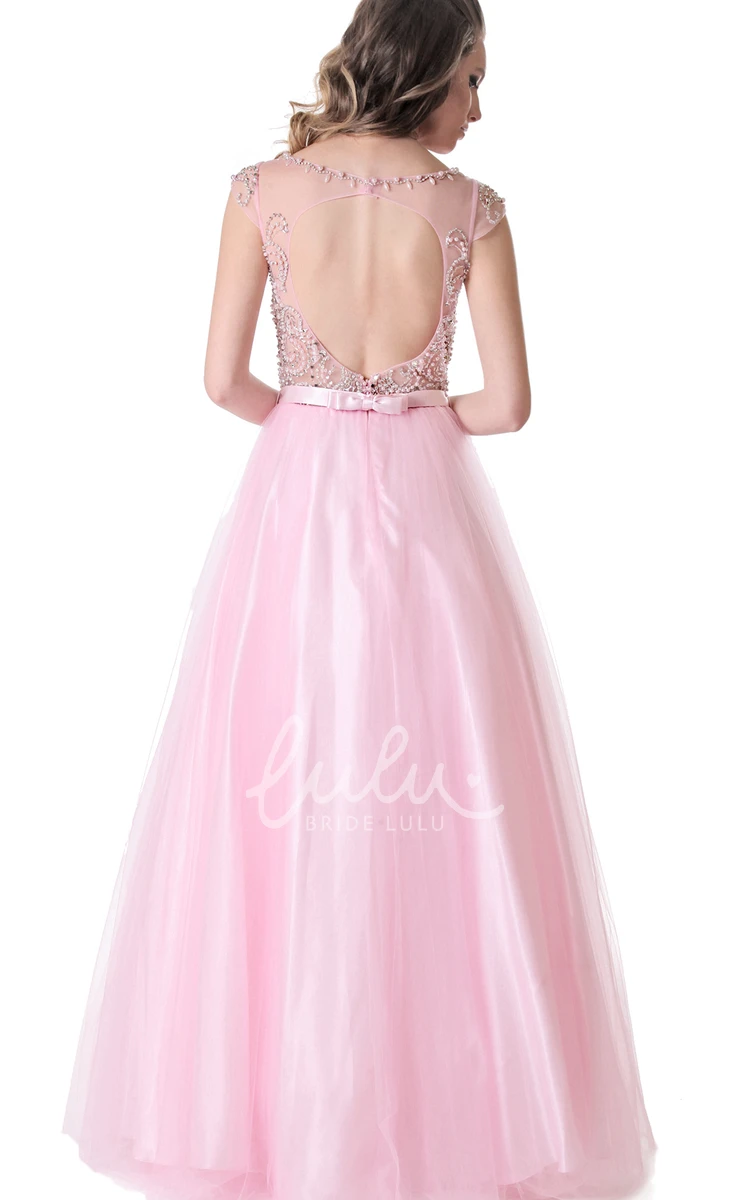 Cap-Sleeve A-Line Tulle&Satin Prom Dress with Beaded Scoop-Neck and Ribbon