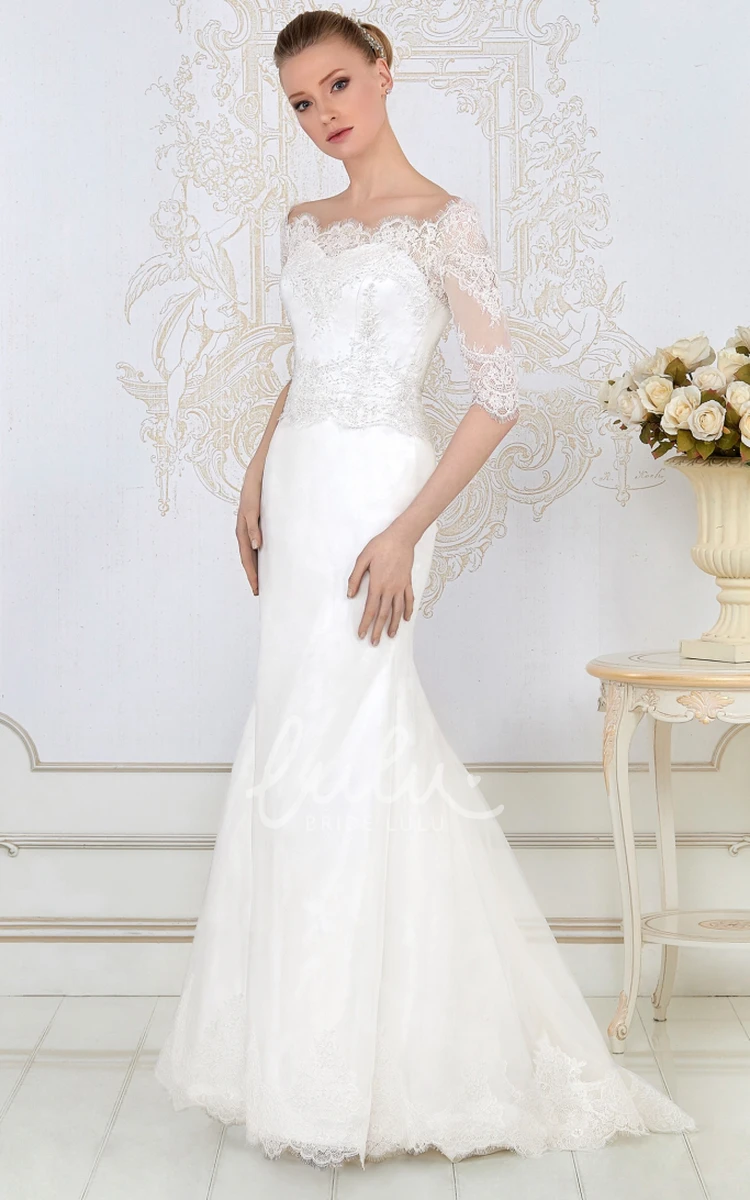 Half-Sleeve Lace and Satin Sheath Wedding Dress Floor-Length and Bateau-Neck