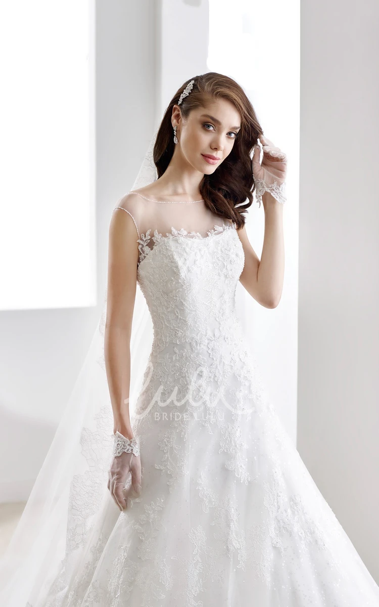 Illusive Neckline Lace Gown with Brush-Train and V Back