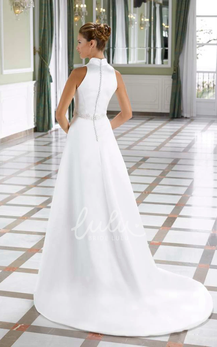 Appliqued A-Line Satin Wedding Dress with V-Neck and Waist Jewellery
