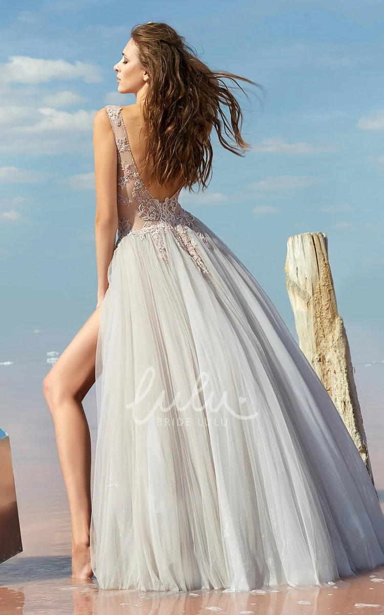 V-neck Tulle Formal Dress with A-line Silhouette and Low-V Back