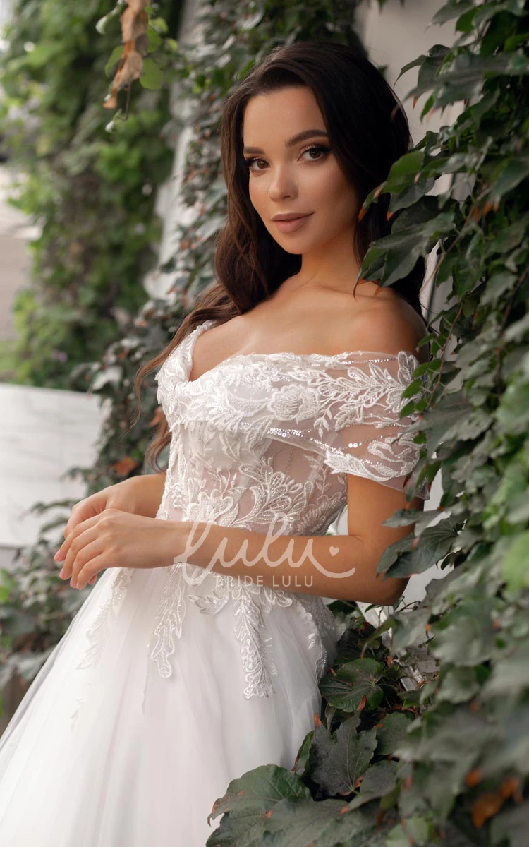 Off-the-Shoulder Tulle Ball Gown Wedding Dress with Ruching and Sweep Train