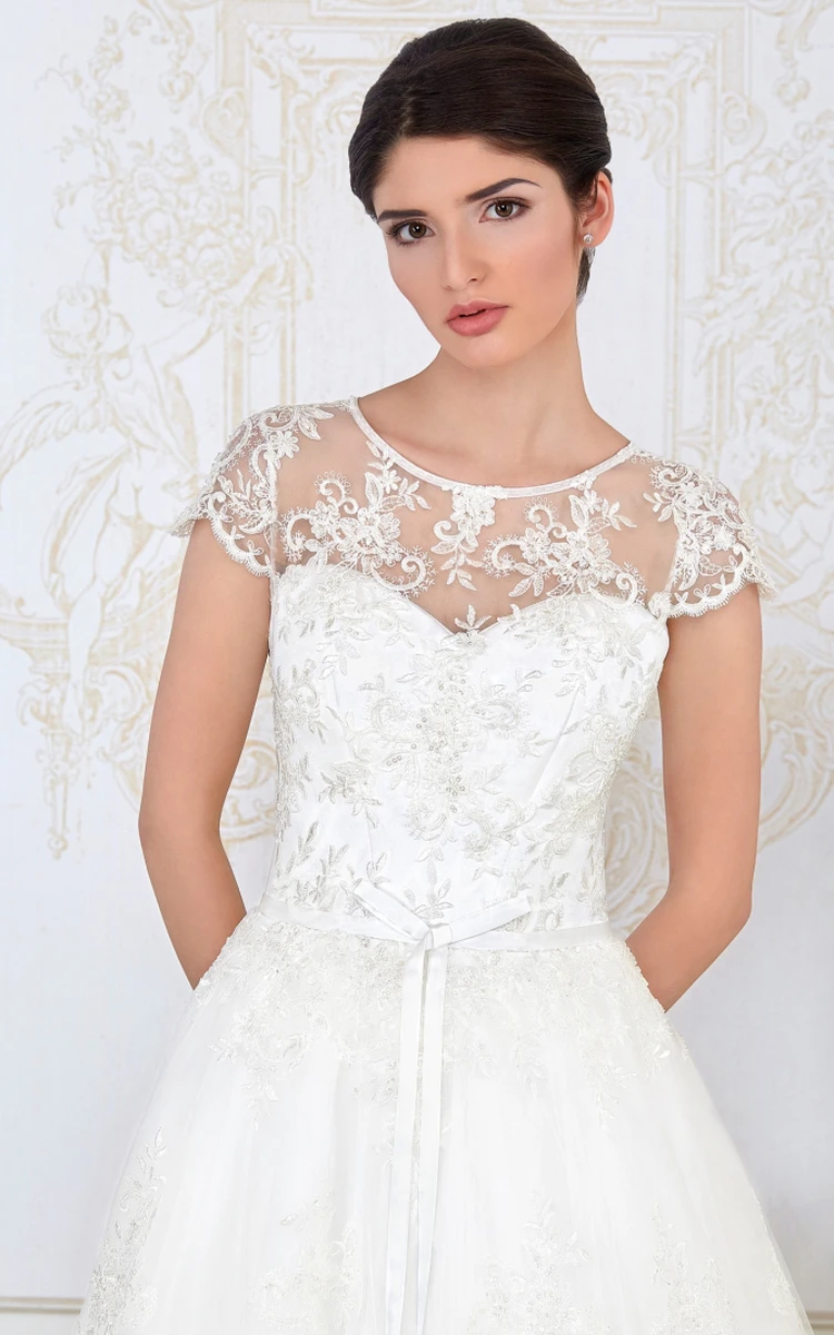 A-Line Tulle & Lace Wedding Dress with Short Sleeves