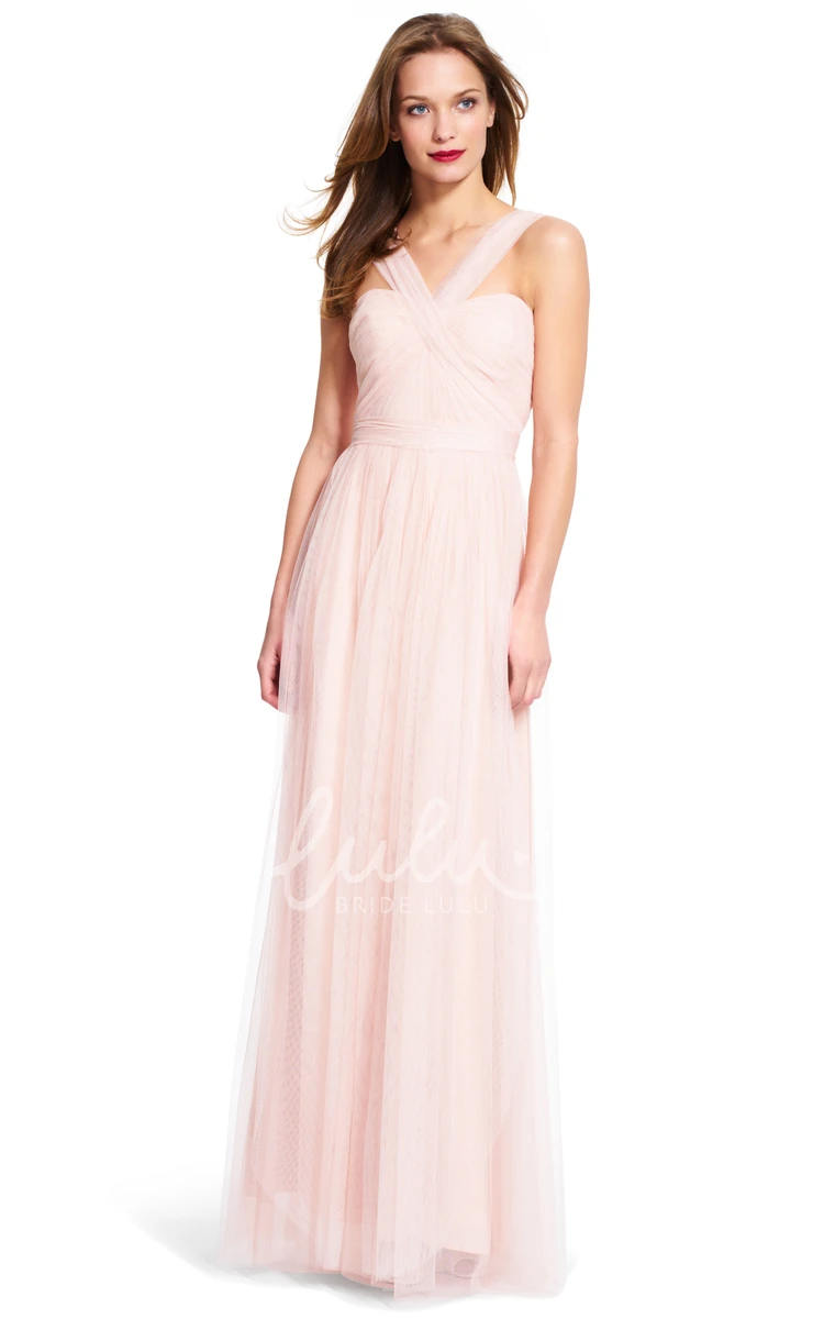 Sleeveless Tulle Sheath Bridesmaid Dress Maxi Style with Straps and Ruching