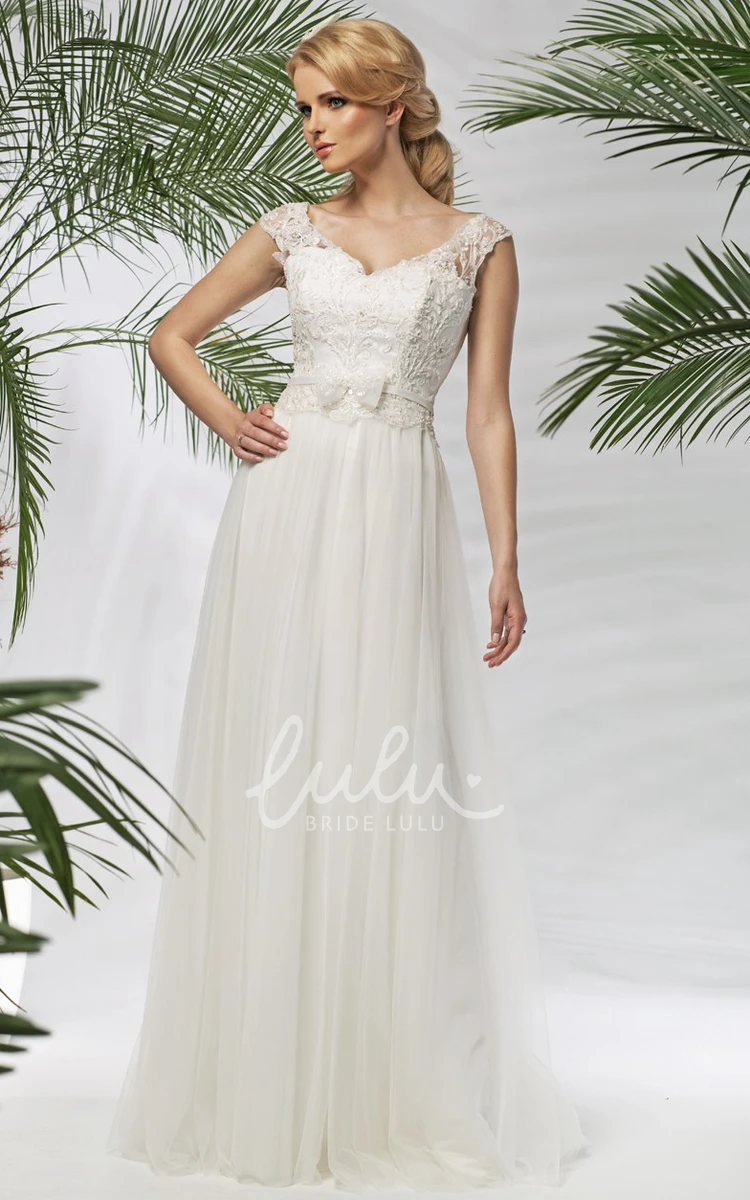 Tulle&Lace V-Neck Wedding Dress with Cap Sleeves and Bow Floor-Length