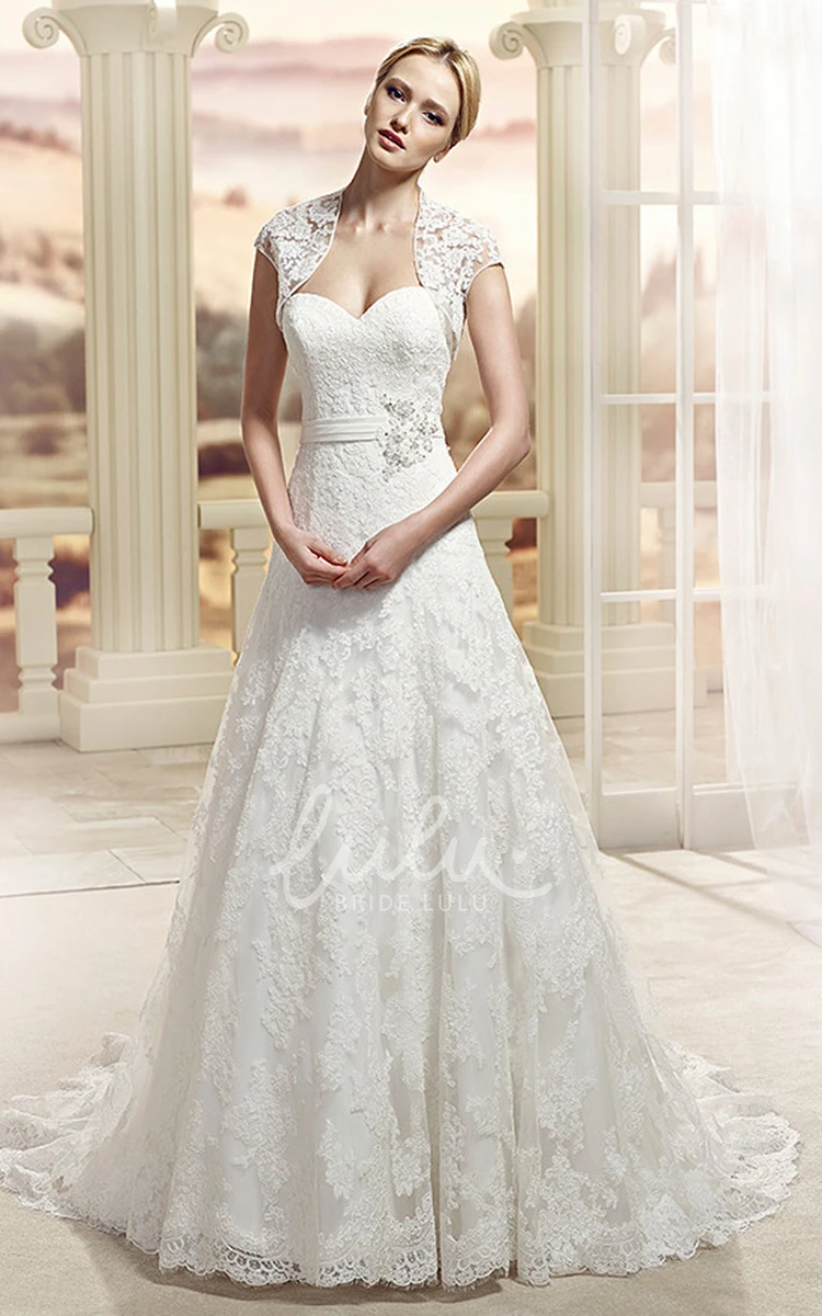 Caped Lace A-Line Wedding Dress with Sweetheart Neckline and Appliques