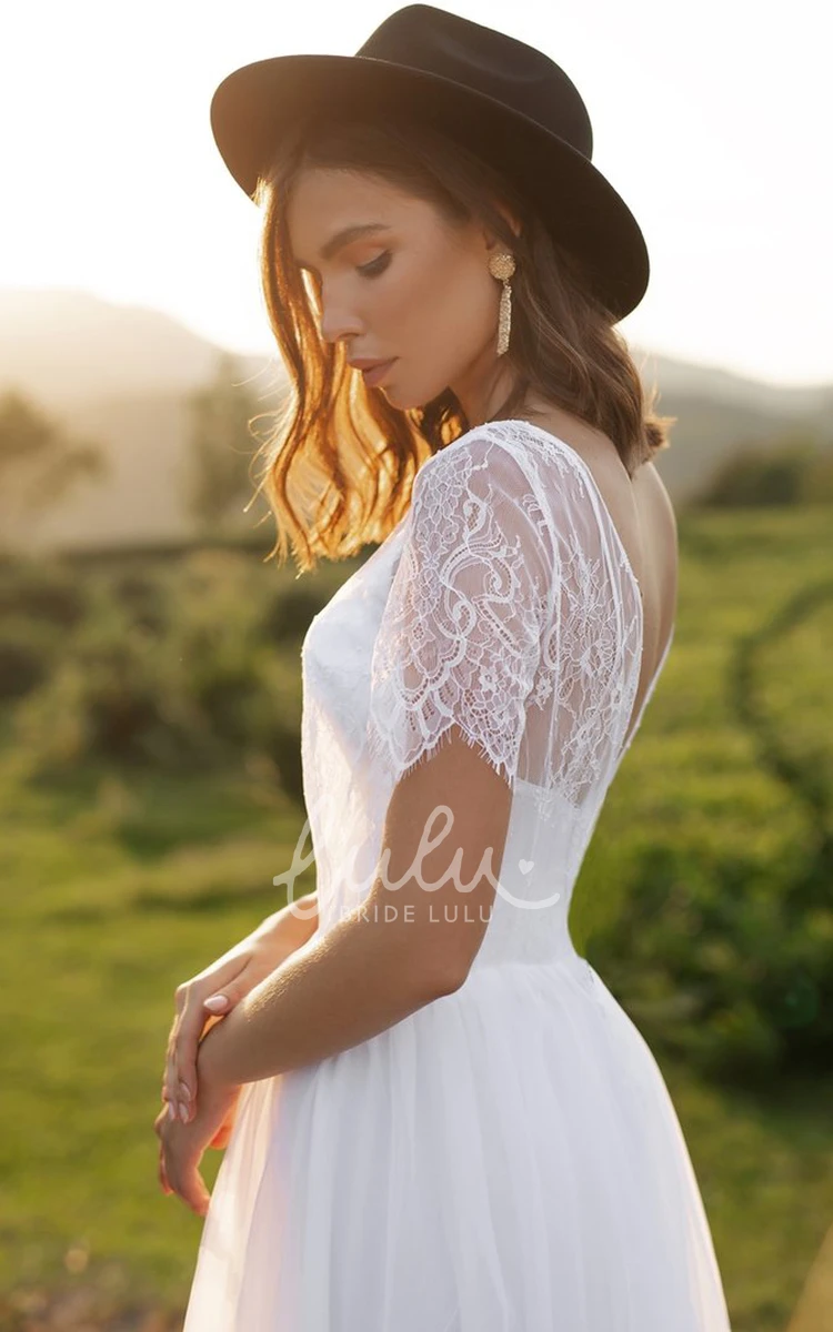 Elegant A-Line Lace Tulle Wedding Dress Short Sleeve Open Back