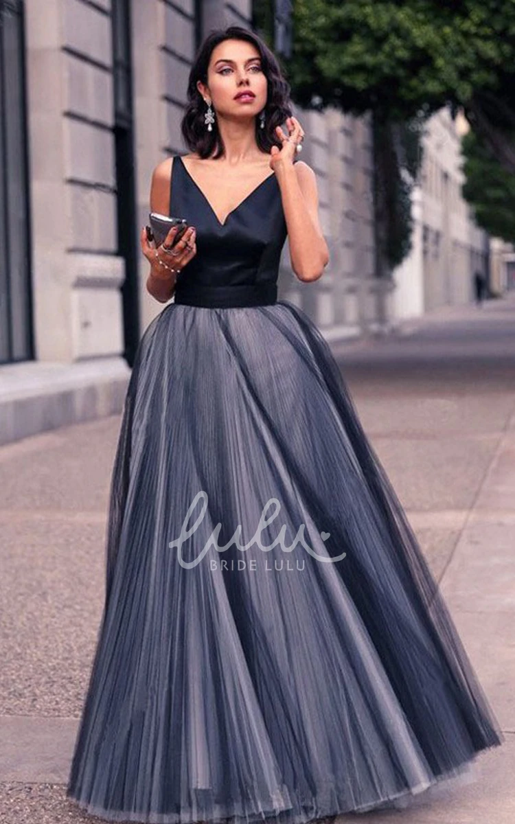 Satin Tulle Sleeveless A Line Formal Dress with Bow Floor-length