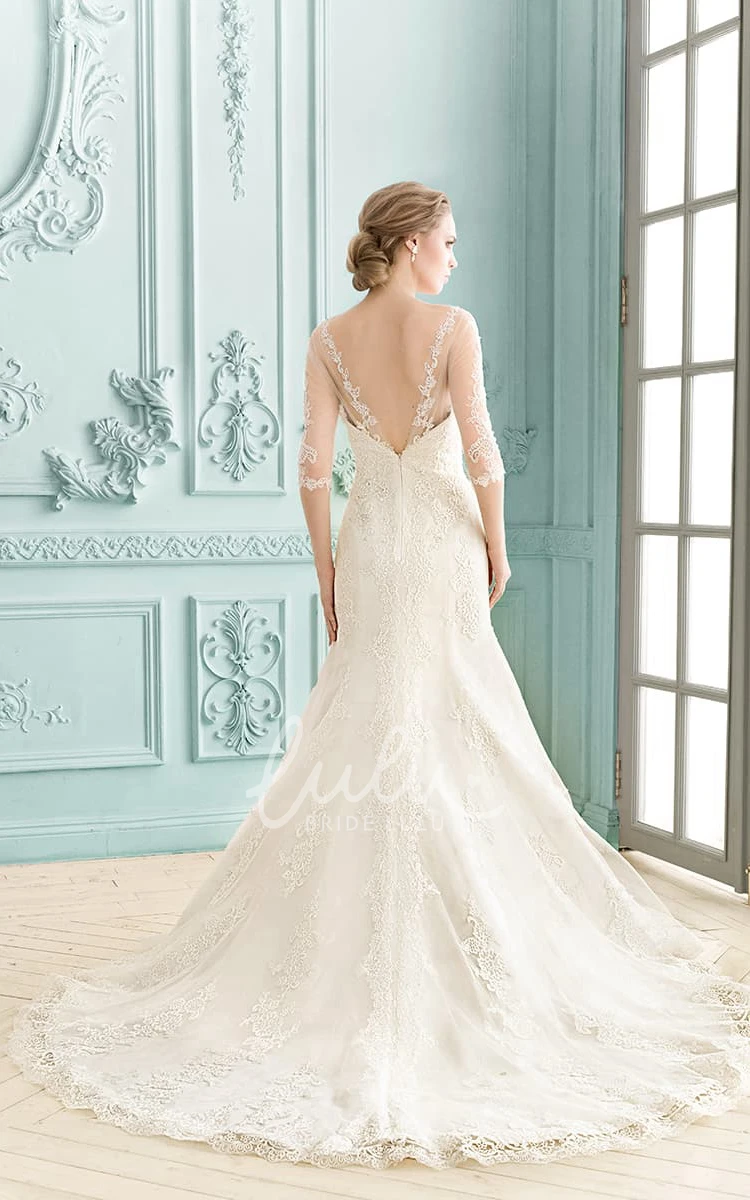 Lace Sheath Wedding Dress with Illusion Sleeves and Low-V Back