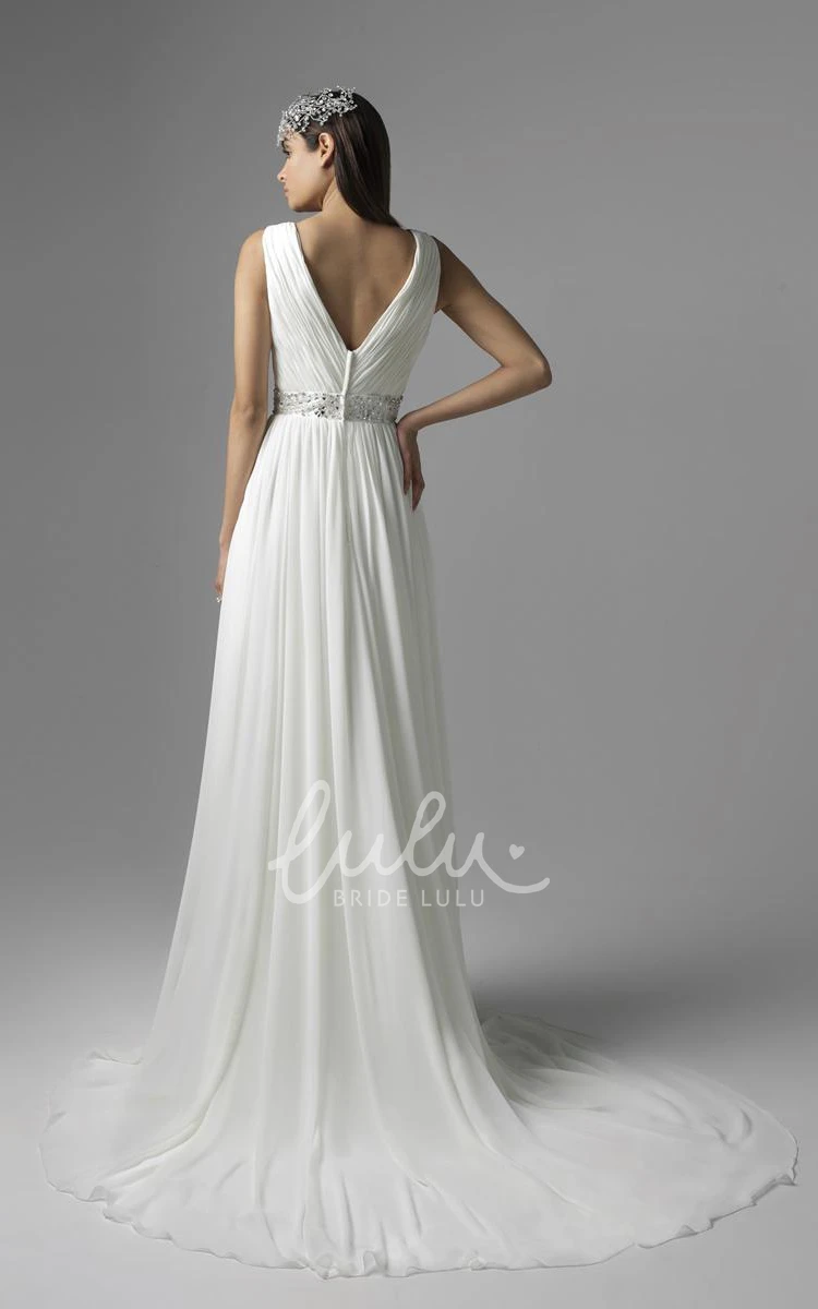 V-Neck Pleated Chiffon Wedding Dress with Sweep Train and V Back Flowy Chiffon Wedding Dress