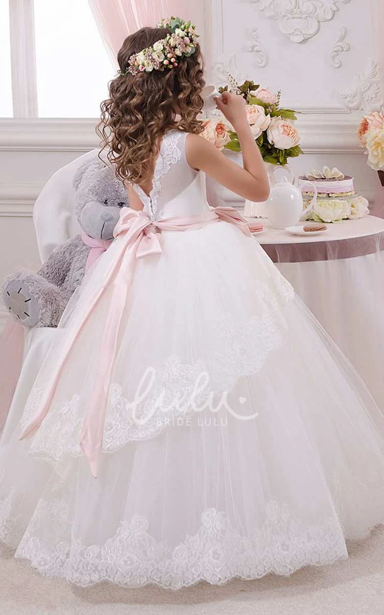 High Neck Tulle Ball Gown Dress with Sleeveless and Floor-length Bow