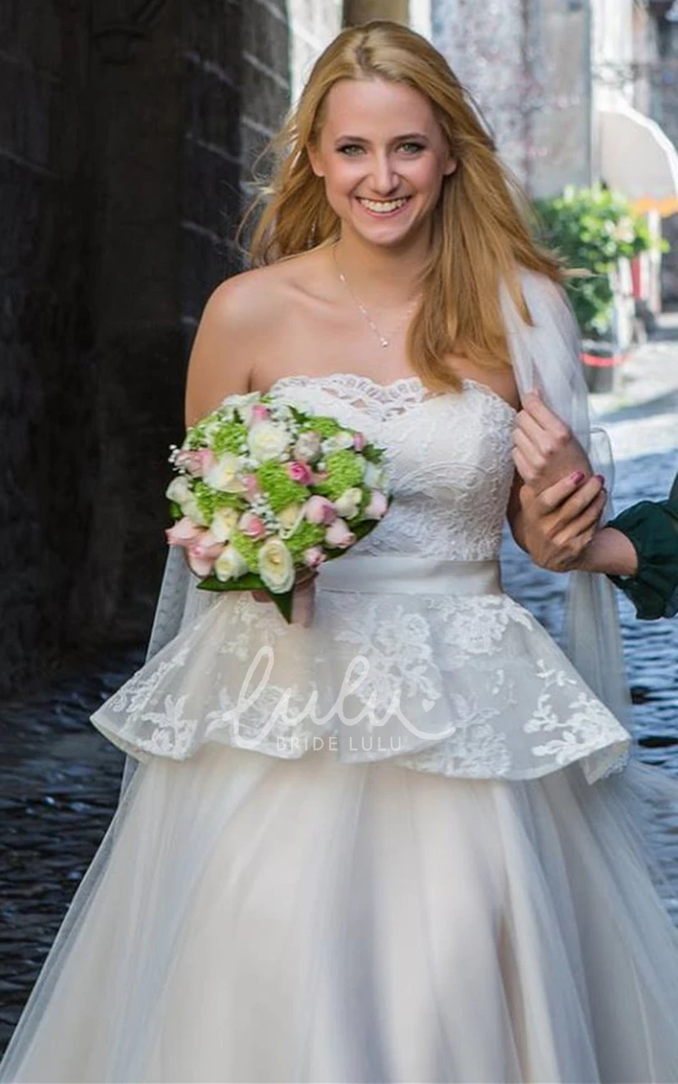 Simple Strapless Wedding Dress with Sash A Line Lace Tulle